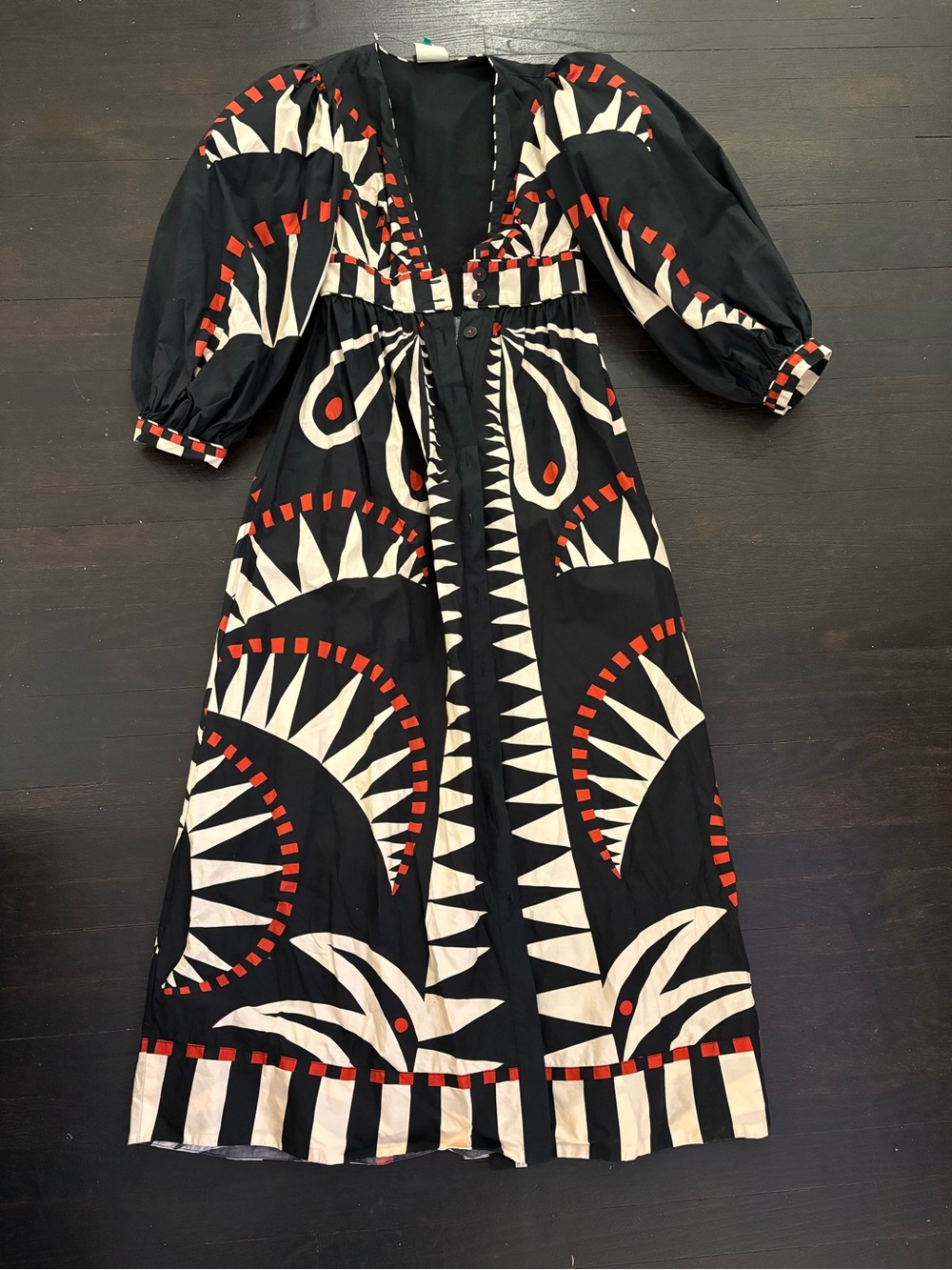 Farm Rio Black, Cream & Red Printed Puff-Sleeve Maxi Dress